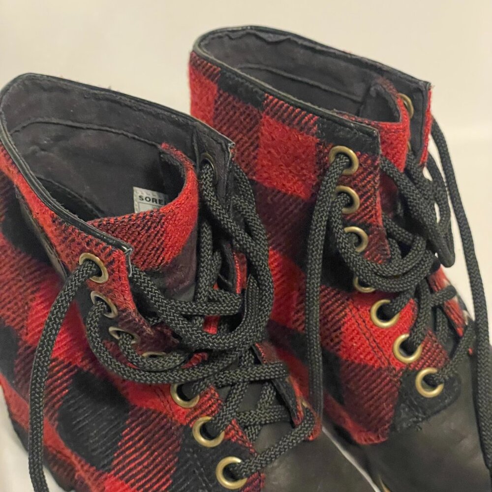 Sorel Lexie Boots Women's 6.5 Hidden Wedge Leather Red Buffalo Plaid Lace Up - Picture 7 of 8